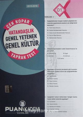 2015-2016 KPSS Genel Yetenek Genel Kültür Türkçe Çek Kopar Yaprak Test