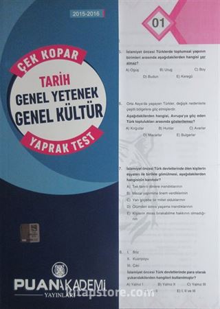 2015-2016 KPSS Genel Yetenek Genel Kültür Tarih Çek Kopar Yaprak Test