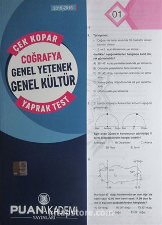 2015-2016 KPSS Genel Yetenek Genel Kültür Coğrafya Çek Kopar Yaprak Test