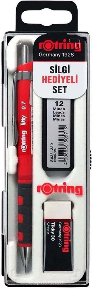 Rotring Tikky Mekanik Kurşun Kalem, Uç ve Silgi Seti, 0,7 mm(Kırmızı)